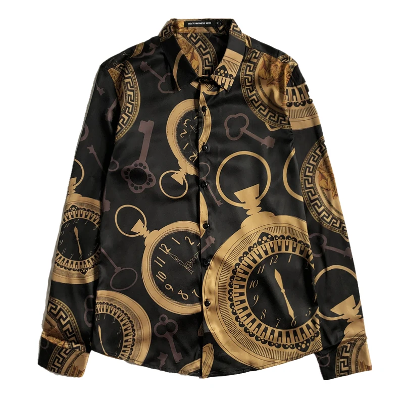 

High Quality Men Black Casual Shirt Long Sleeve Gold Dress Shirts Male Slim Fit Print Social 2020 Spring Luxury Fashions 6xl