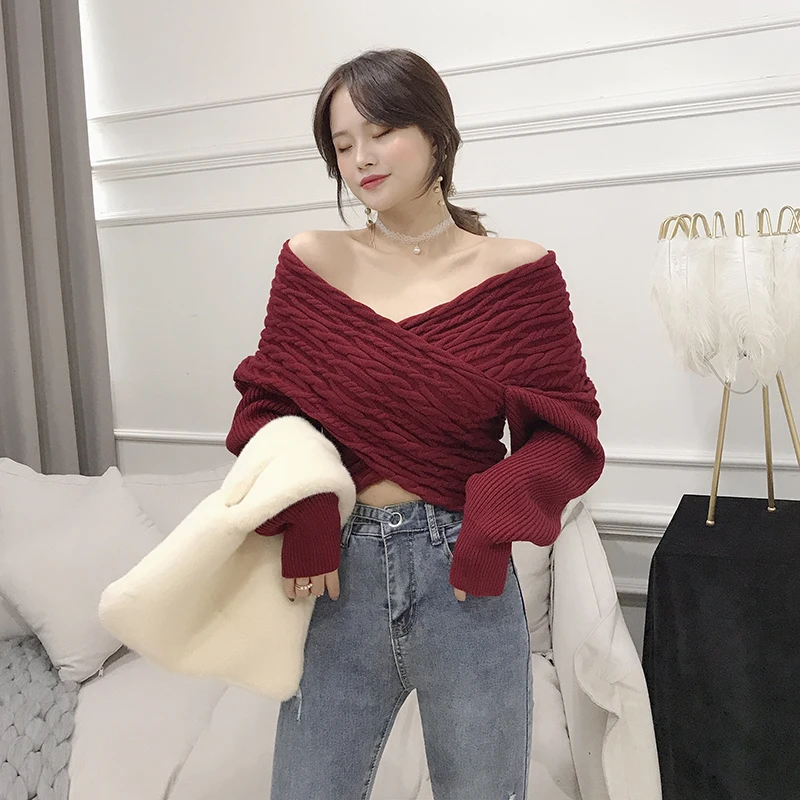 Женский Повседневный пуловер с открытыми плечами однотонный облегающий свитер