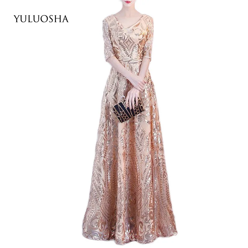 

YULUOSHA Gold Formal Dress Appliques Lace Sequined V-Neck Tiered Formal Dress Women Elegant Vestido Largo Fiesta Noche Elegante