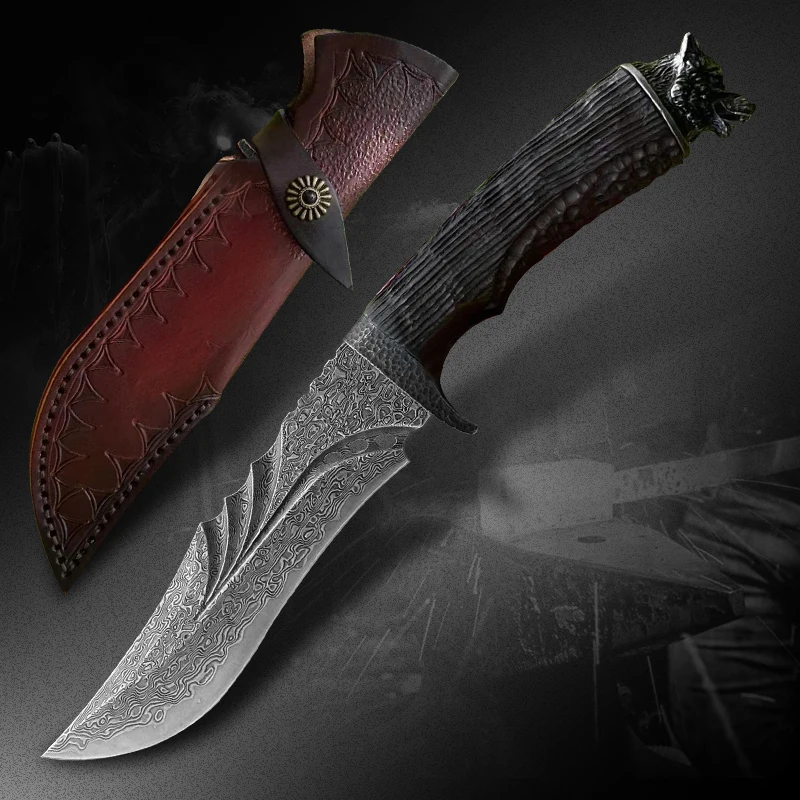 VG10 Damascus steel straight knife tactical military belt holster outdoor camping survival hunting self-defense EDC tool knife