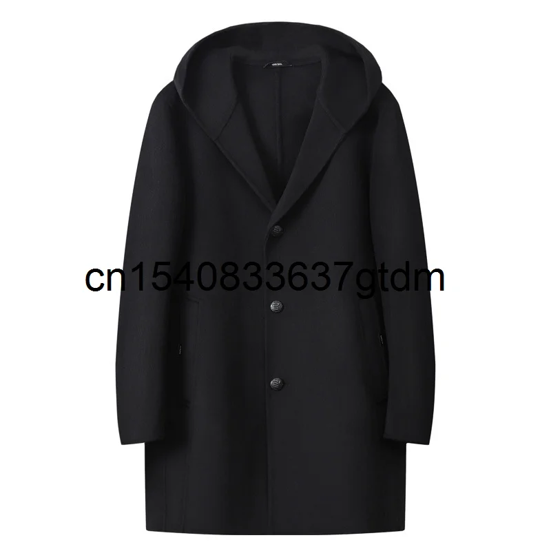 

Autumn and winter new men's fattening plus size woollen men's fat men's mid long business leisure double faced hooded