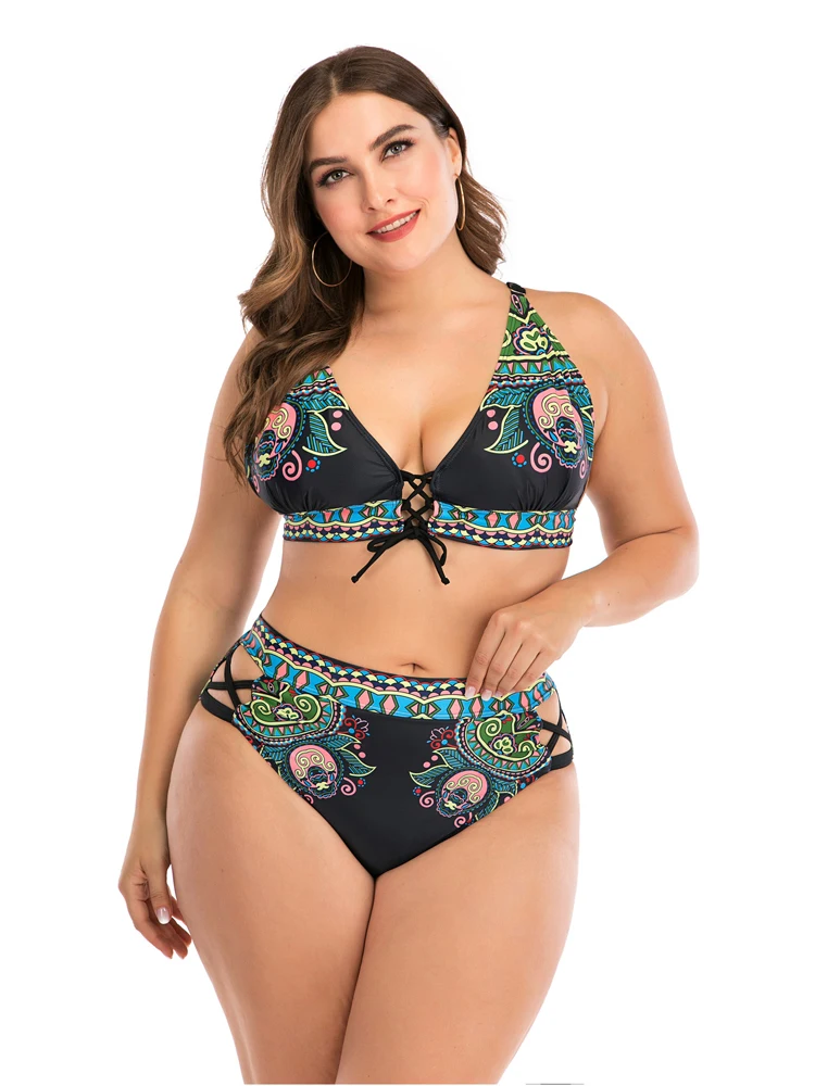 L-4xl Plus Size Badmode Women 2021 Brazilian Bikini Set High Waisted Sexy Print Push Up Badsuit For Large Breasts Two Pieces