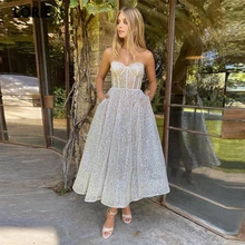 LORIE 2021 Glitter A Line Short Evening Dresses Sweetheart Boning Fitted Bodice Tea Length Modern Prom Party Gowns With Pockets (4)