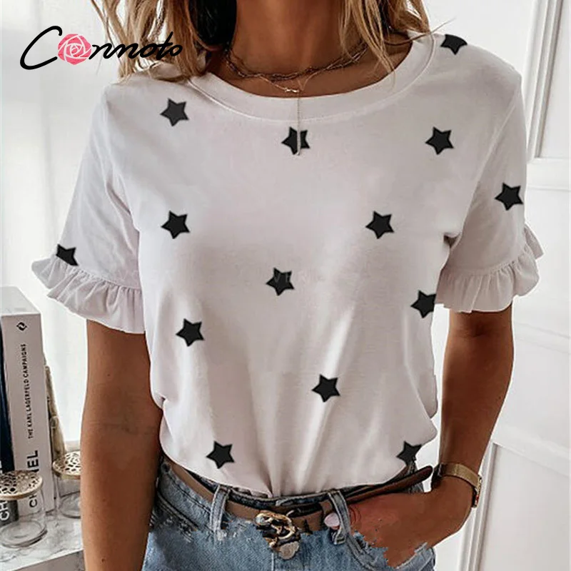 Conmoto футболка женская с коротким рукавом принтом Футболка streewear летняя Топы милые