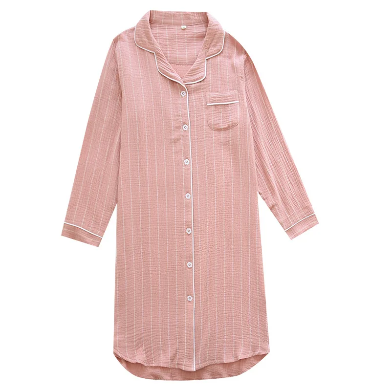 Spring Summer Women's Nightdress Cotton Long Sleeve Nightgowns & Sleepshirts Simple Large Double Layer Crepe Home Nightwear