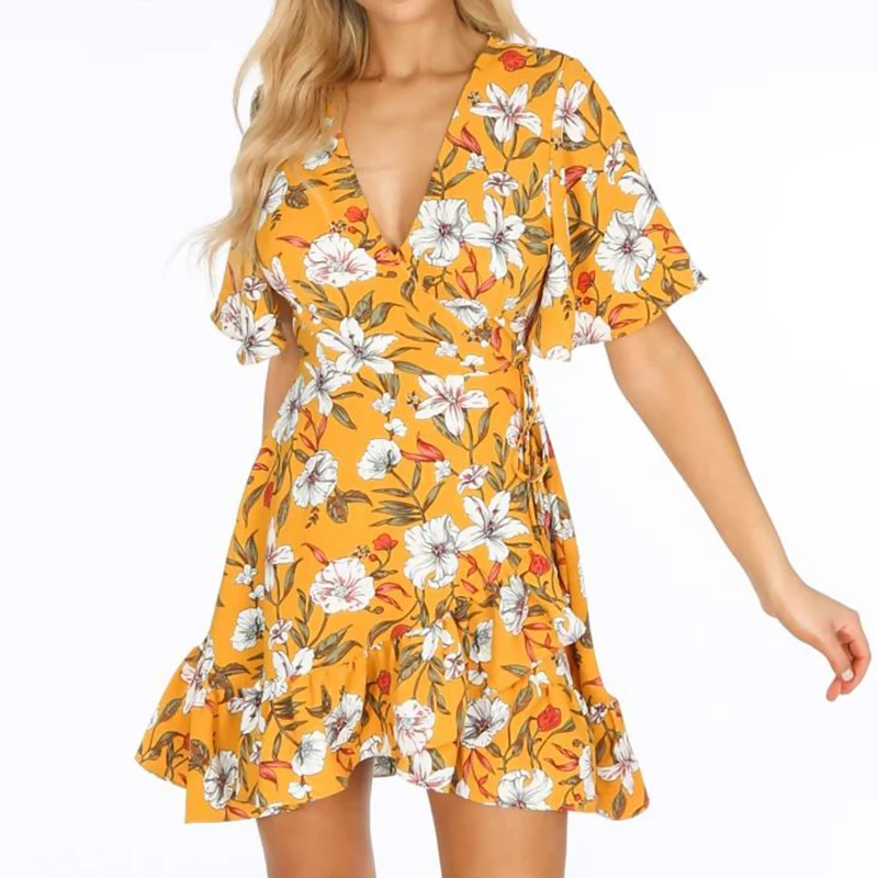 Платье С Рюшами цветочный принт женские платья летние moda mujer короткие vestido curto femme
