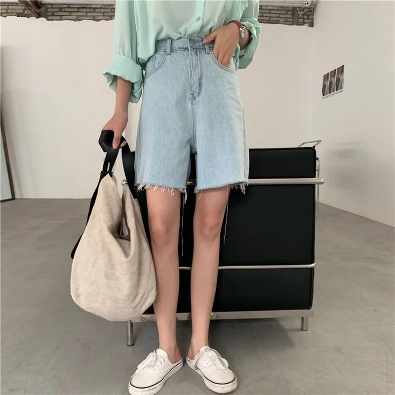 

Ladies Fashion 2021 Summer High Waist Wide Leg Pants Loose Thin Denim Shorts Jeans High Waist Cool Woman cargo pants women