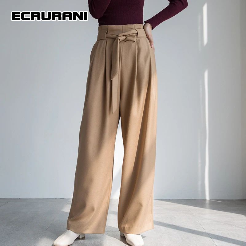 

ECRURANI Khaki Casual Wide Leg Pants For Women High Waist Loose Minimalist Females Full Length Fold Pleated Trousers 2021 Autumn