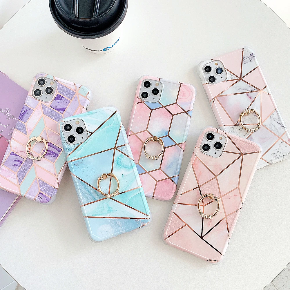 LOVECOM Electroplated Geometric Marble Phone Case For iPhone 12 11 Pro XR XS Max Corner Shockproof Soft Ring Finger Back Cover | Мобильные