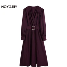 MOYATIIY – robe Midi avec ceinture pour femmes, élégante, rouge vin, taille élastique, plissée, col en v, pour mariage  (1)