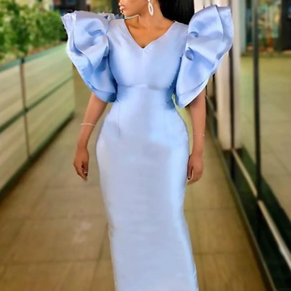 

Fashion Party Dresses Women Ruffles Chic Sexy Bodycon V-Neck Formal Party Falbala Solid Blue Elegant Ladylike Female Midi Dress
