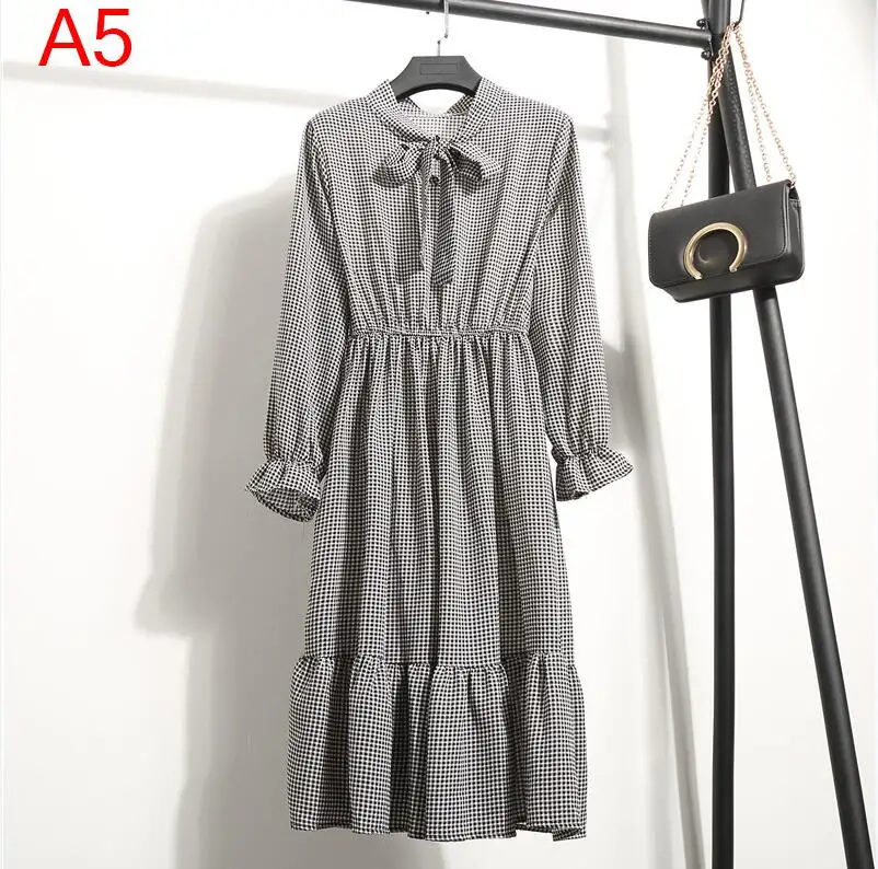 Корейская черная рубашка Vestidos для офиса в горошек, винтажные осенние платья, Женское зимнее платье, миди платье с цветочным рисунком и длинным рукавом для женщин - Цвет: 05
