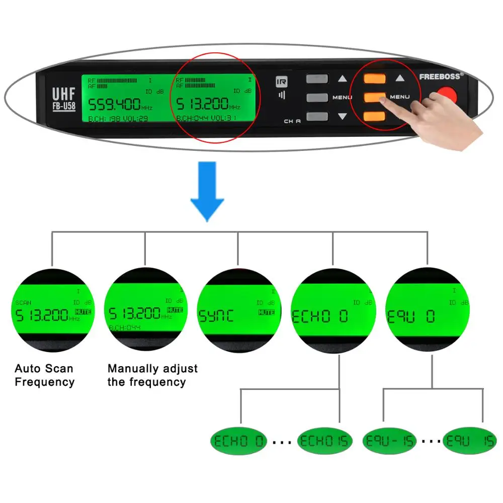 Freeboss FB-U58 UHF 2*200 Регулируемая частота металла ручной ЖК-дисплей Экран шикарный