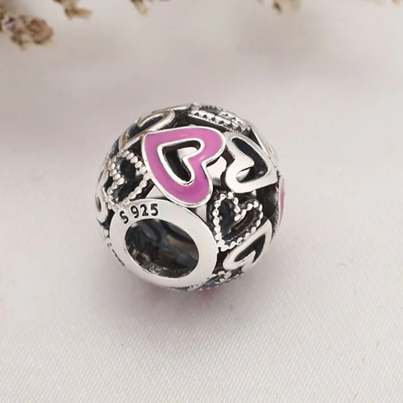 

Original 925 Sterling Silver Bead Pink Hollow Love Beads Fit Pandora Women Bracelet & Necklace Diy Jewelry