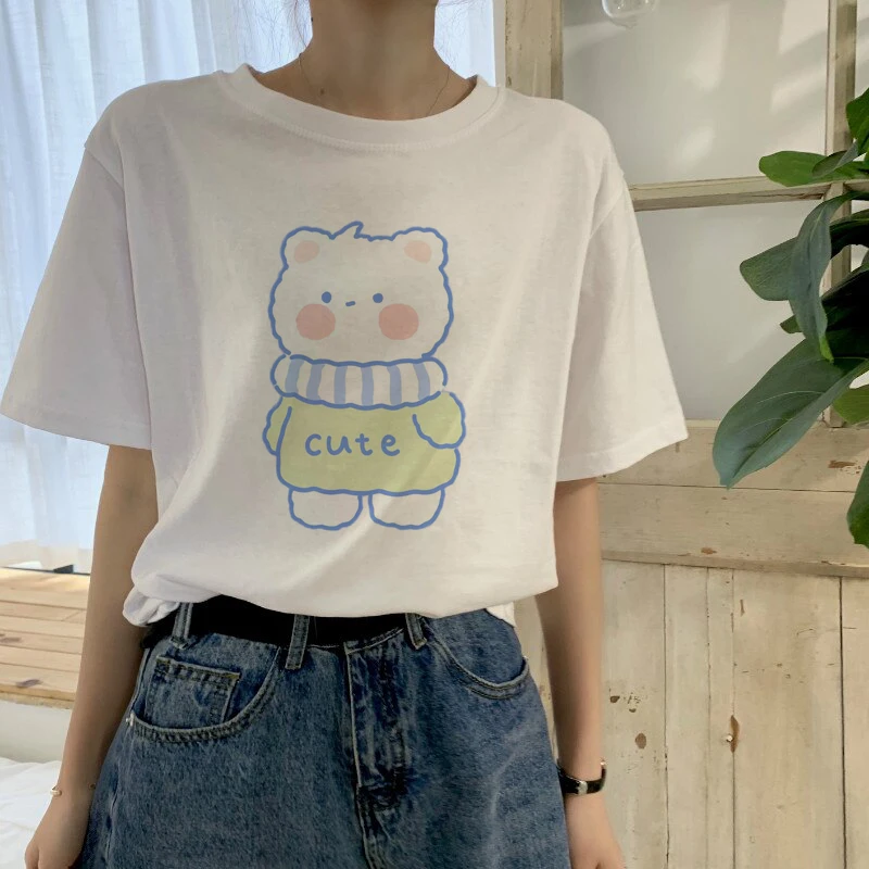

Summer New Cute Korean Bear Cartoon T-shirt Kawaii Graphic Print Tshirt 90s Girl Cotton Tops Fashion Aesthetic Ladies Tee Shirt