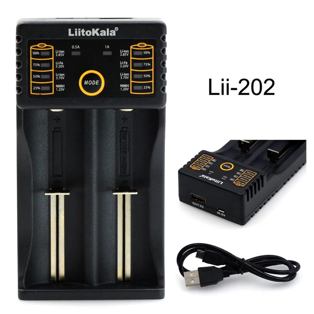 

Brand New Liitokala Lii-202 18650 26650 16340 14500 Charger 5V 2A Input NiMH Lithium Battery Smart Charger