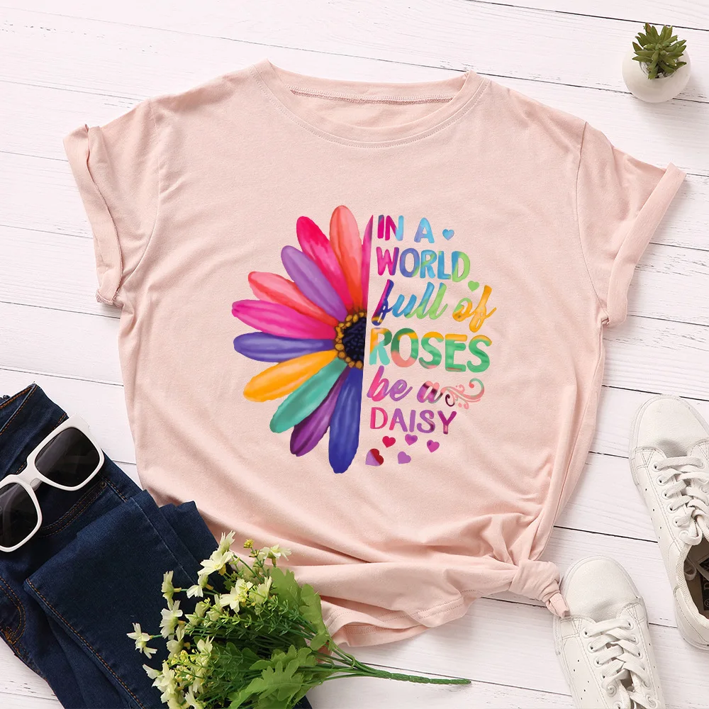 

C25 Women TShirt Plus Size S-5XL New Daisies Print Women T-Shirt 100%Cotton Women Shirts O Neck Short Sleeve Tees Summer T Shirt