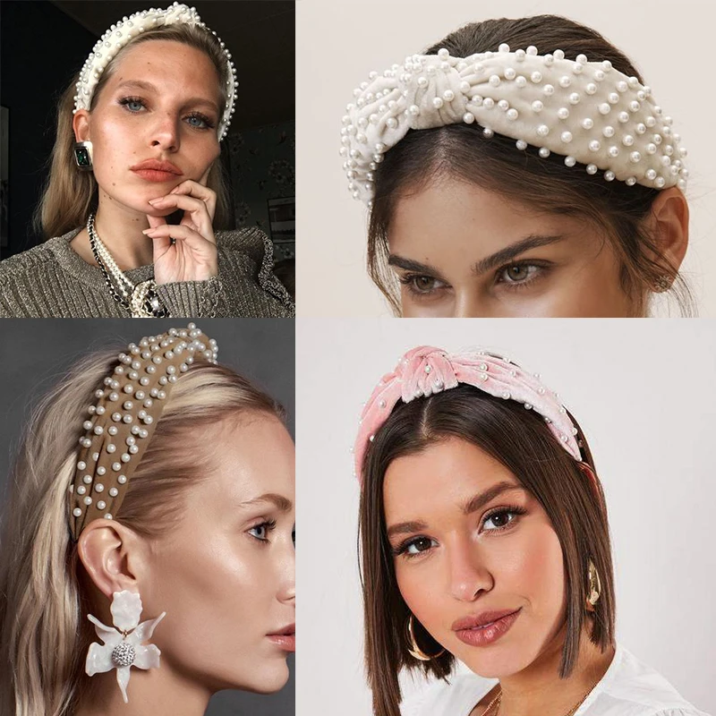 Женский бархатный ободок с жемчужинами Molans черный искусственным жемчугом 4 см