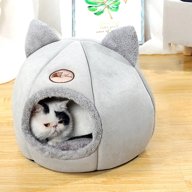 

Моющийся полузакрытый теплый коврик для кошки зимой, теплый плюшевый круглый домик для домашних животных, домик для кошки, палатка для слад...