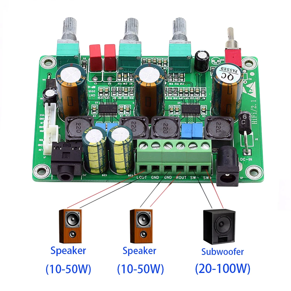 

Tenghong TPA3123 Subwoofer HIFI Digital Amplifier Board 2.1 Channel Class D 25W*2+50W High Power Audio Amplifier Board DC12-26V