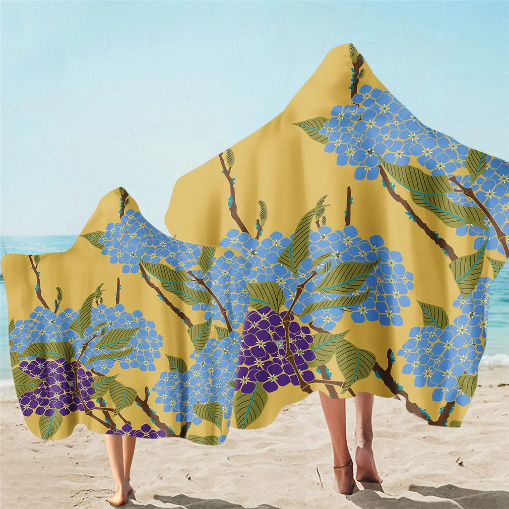 

Flower pattern microfiber hooded bath towel for adults and children wearable beach towel