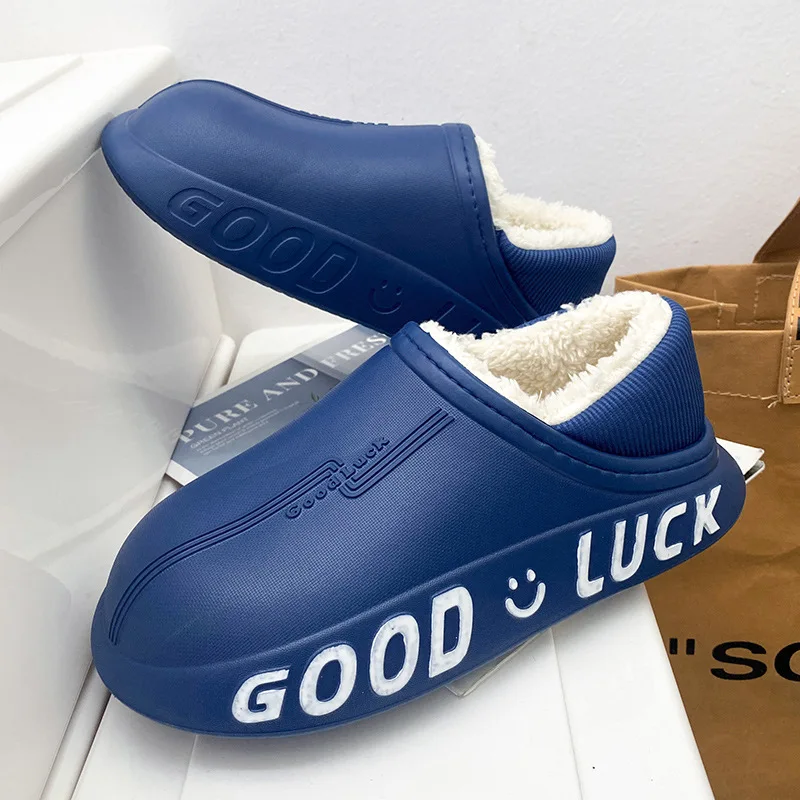 New Warm Plush Winter Women Cotton Slippers Waterproof Thick Sole Non-Slip Solid Couple Shoes Fashion Cozy Men House Slipper