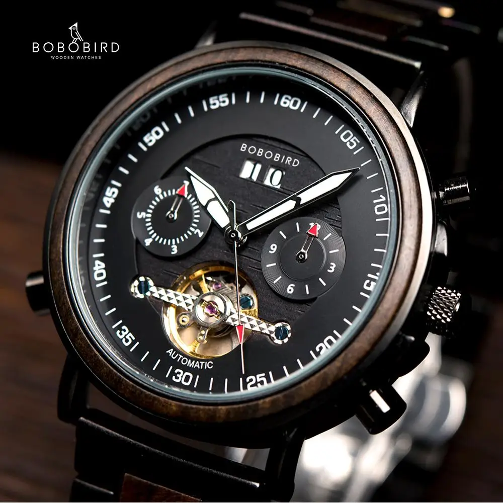 

BOBO BIRD Automatic Wood Watches Couples Auto Date Display Luminous Hands Male Quartz Clock Personal Custom Logo часы мужские