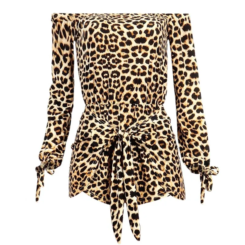 Leopard Женский леопардовый принт с бантом короткий комбинезон с длинным рукавом сексуальный короткий цельный комбинезон Женская Клубная одежда Летний обтягивающий комбинезон для вечеринок - Цвет: Leopard