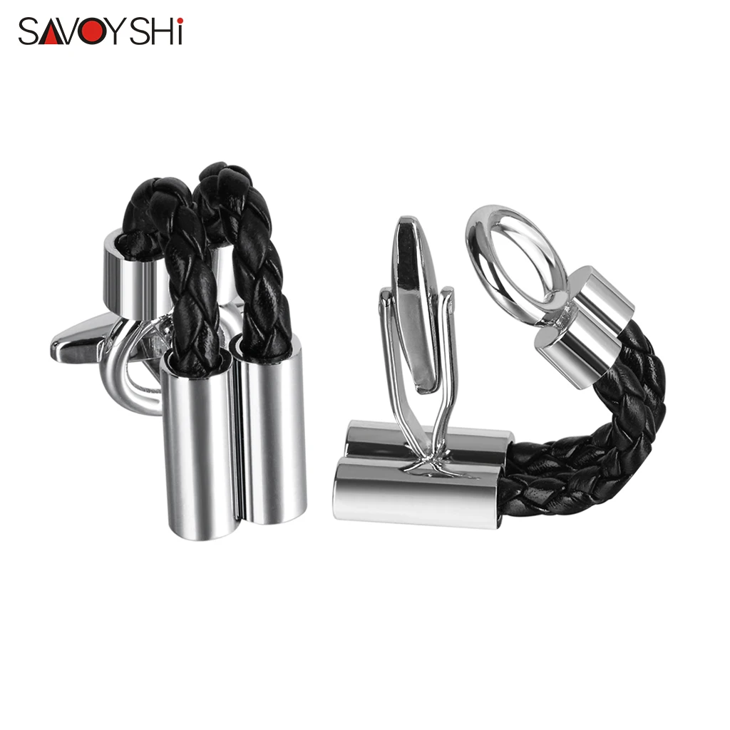 

SAVOYSHI Classic Leather Link Cufflinks for Mens Business Gift Metal Cuff links for Father Husband Boss Free engraving name