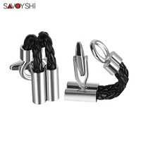 savoyshi classic leather link cufflinks for mens business gift metal cuff links for father husband boss free engraving name