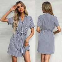 2021 summer women dress fashion womens drawstring bandage short sleeve stripe print lapel shirt dress casual female vestidos