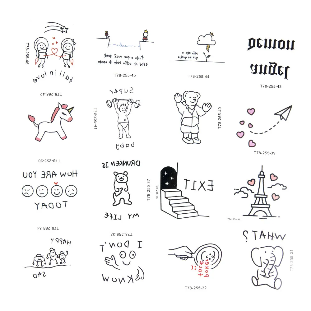 

45 шт./лот, английская серия, Временные татуировки, наклейки из мультфильмов, боди-арт, женская имитация татуировки, простота, милые и водонеп...