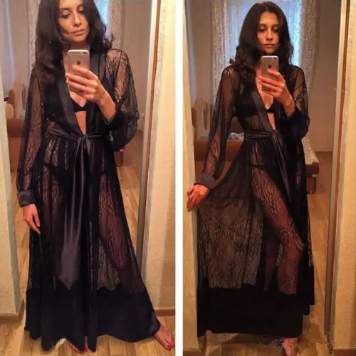 

Hot Lace Up Babydoll Women Sexy Silk Long Bath Robe Kimono Babydoll Maxi Dress Nightgown Lace Up See Through Nightdress