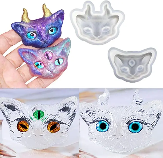 

1pcs Crystal Epoxy Mold Epoxy Resin Mold Diy Jewelry Three-eyed Cat Head Half-horn Cat Head With Horns Silicone Mold Silicone