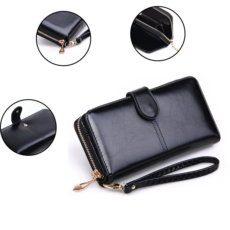 

Leather Women Long Zipper Oil Wax Wallet Big Capacity Hasp Zipper Purse Ladies Long Wristlet Clutch Coin Card Holders Portomonee