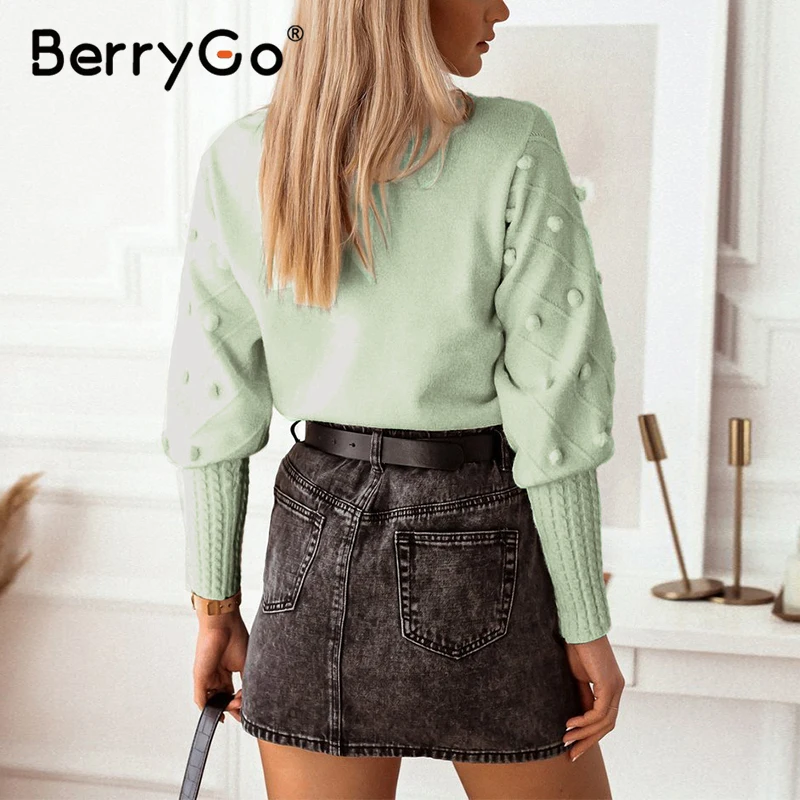 Элегантный пуловер BrryGo с меховым помпоном Осень-зима вязаный свитер