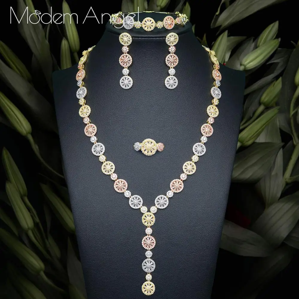 

ModemAngel Luxury Delicate Flower Full AAA Cubic Zirconia 3 Tone Copper Women Wedding Bridal Necklace Bracelet Earring Ring Set