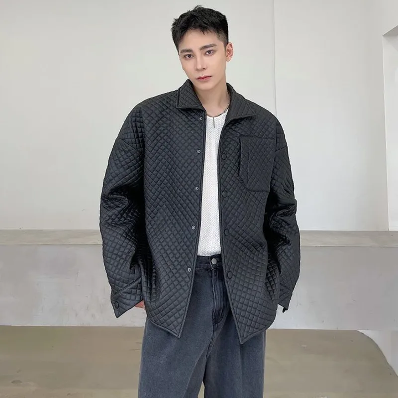 Куртка мужская черная однобортная в клетку из ПУ кожи на осень/зиму | Мужская