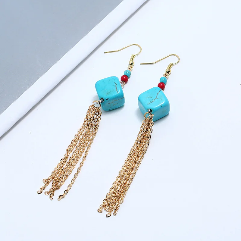 Женские длинные висячие серьги с кисточками квадратные золотистые из