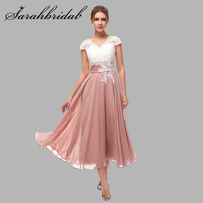 

Vintage Lace Mother Of Bride Dresses 2021 White Top Women Cap Sleeves Tea Length Chiffon Formal Evening Party Casual Gowns 3118