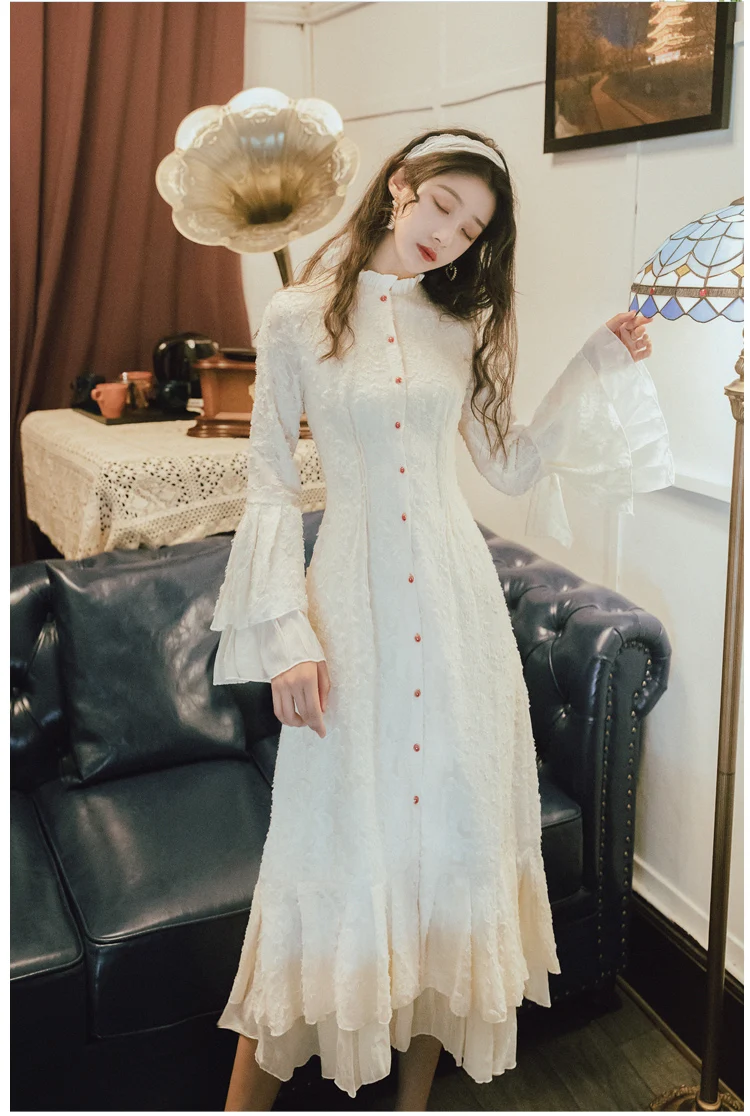 YOSIMI, бежевое кружевное женское платье средней длины, Осеннее, Vestidos, винтажное, длинный рукав, для вечеринки, до середины икры, длинный рукав, элегантные платья