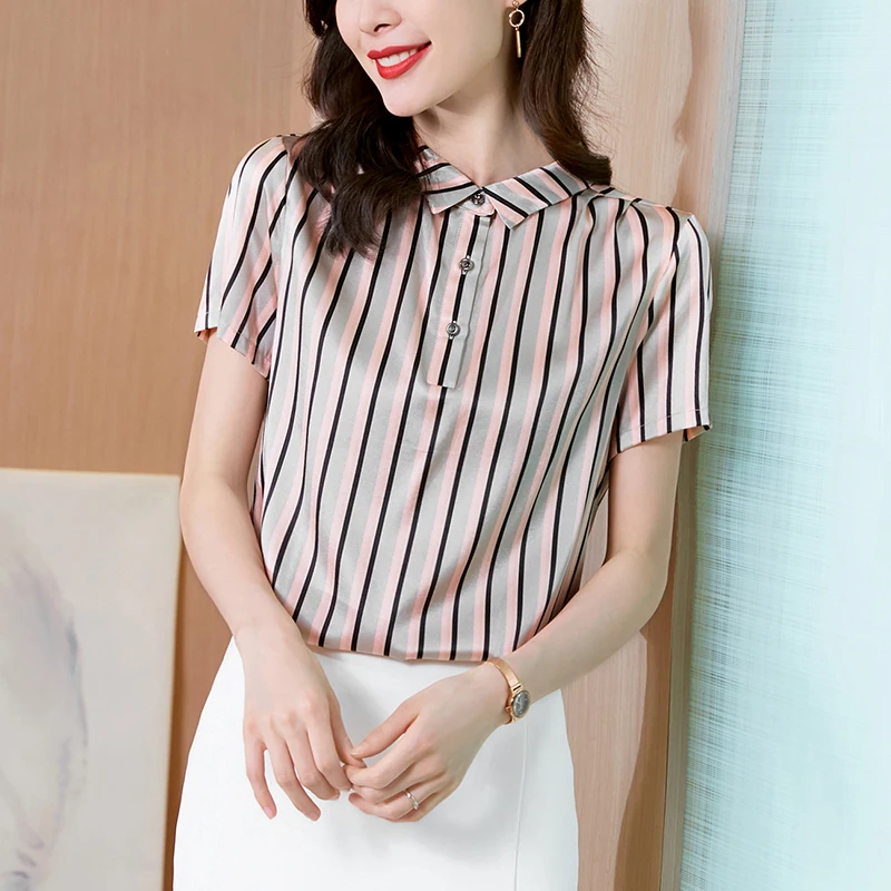 

Summer Women's Shirt Silk Blouses for Women Striped Button Up Shirt Women Clothing 2021 Polo Neck Tops Female Short Sleeve Shirt