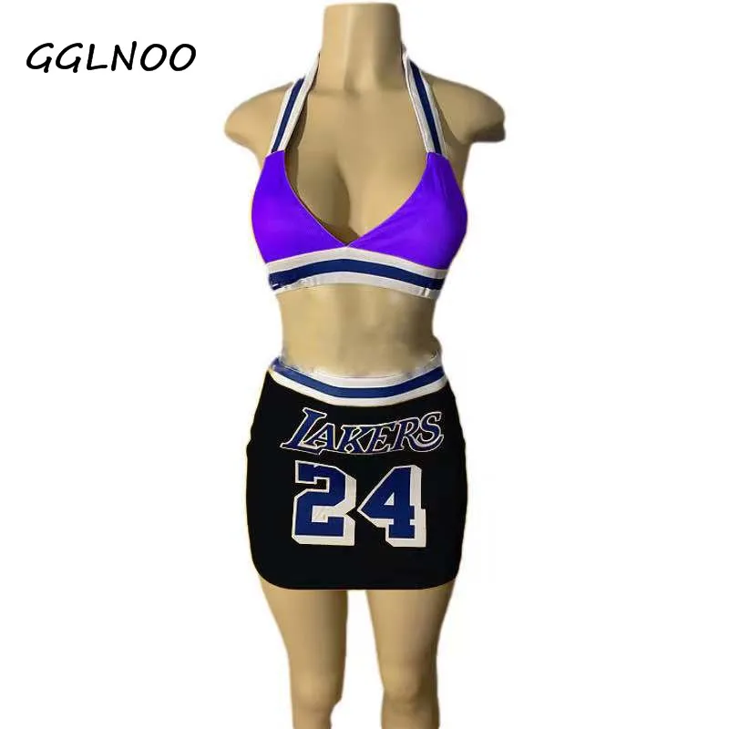 

GGLNOO 2021 Summer Ladies Casual Fashion Street Slim Temperament Sexy Letter Print Hanging Neck Vest Two Sets