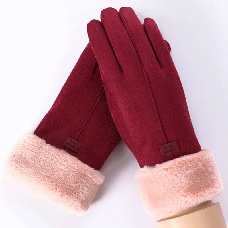 Puimentiua Winter Female Wool Gloves Warmth Cashmere Suede Fabric Warm Thicken Plush Wrist Women Driving | Аксессуары для одежды
