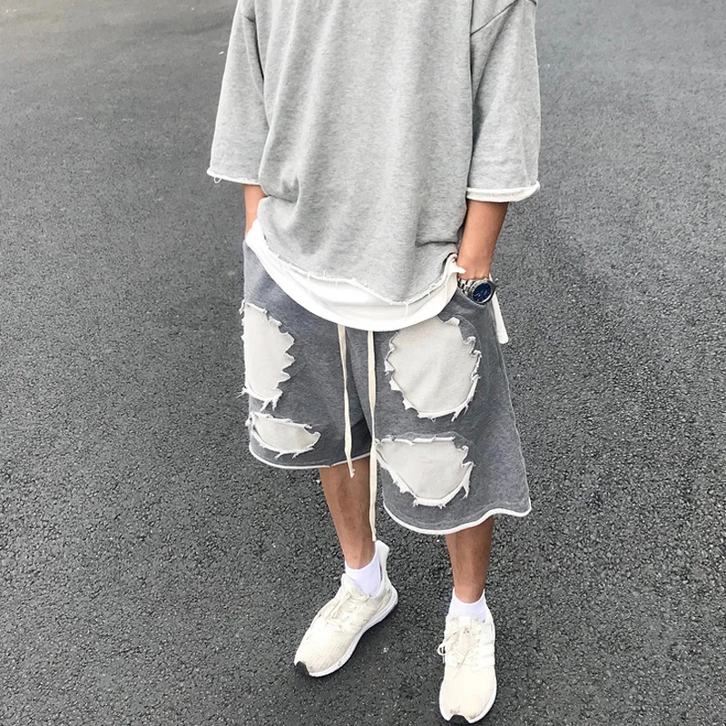 Dueweer Men Casual Shorts Kanye Distressed Drop-crotch Harajuku Oversized Knee Length Hip Hop Pants Sweatpants Streetwear | Мужская
