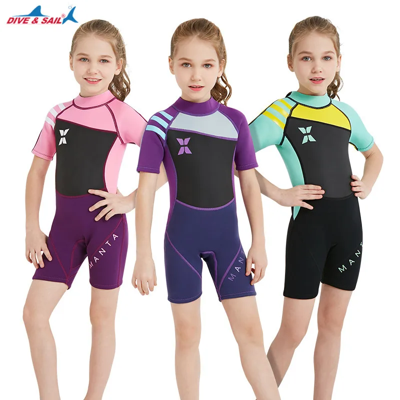 

Dive&sail scuba kids girls 2.5mm short sleeve wetsuit skin dive swimming suit for winter swim surf snorkel warm swimsuit