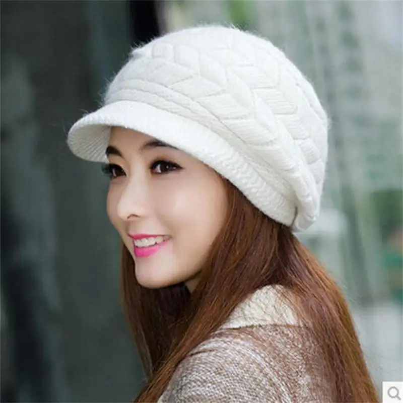 

Warm Knitted Hat Women's Hats Winter Fur Knitted Double Layer Plus Velvet Cap Visor Beanies For Women Casual gorras