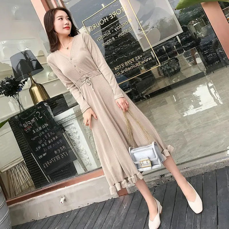 

Женское однобортное платье с V-образным вырезом, облегающая юбка с длинным рукавом и высокой талией в Корейском стиле, осень 2020