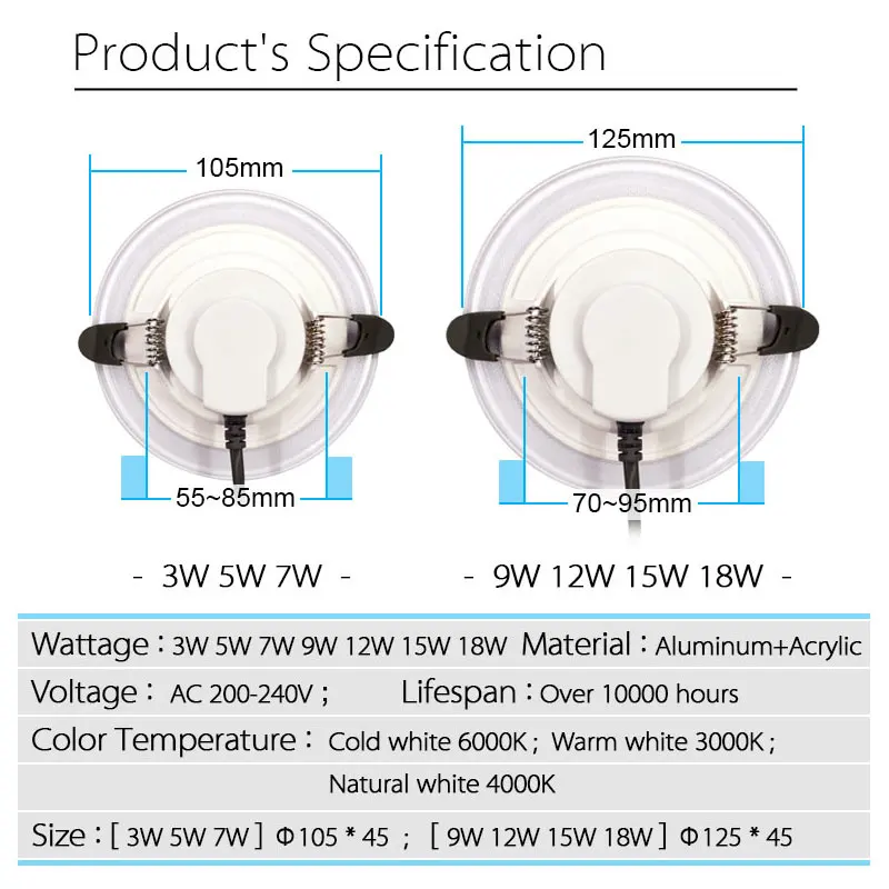 Lámpara de techo redonda empotrada para interiores, luz descendente LED de 5W, 9W, 12W, 15W, 18W, CA de 220V, 230V, 240V, iluminación de interior, blanco cálido y frío