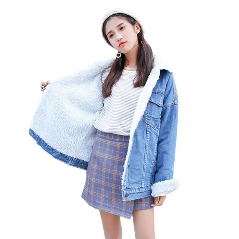 2019 зимние теплые джинсы с мехом Женская куртка-бомбер синяя джинсовая куртка